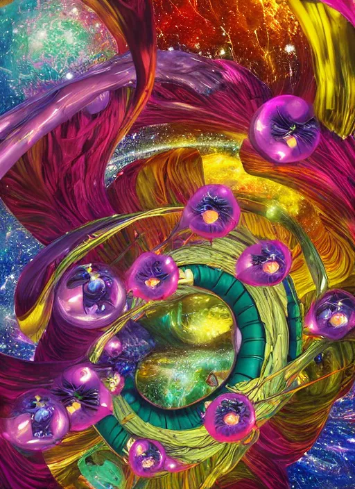 Prompt: An epic fantastic realism comic book style painting of the most beautiful spiraling entwined flowers launched exquisitely across the bright spinning universe, floating bouquets, fisheye, perfect shiny iridescent silver spheres, unreal 5, DAZ, hyperrealistic, octane render, dynamic lighting