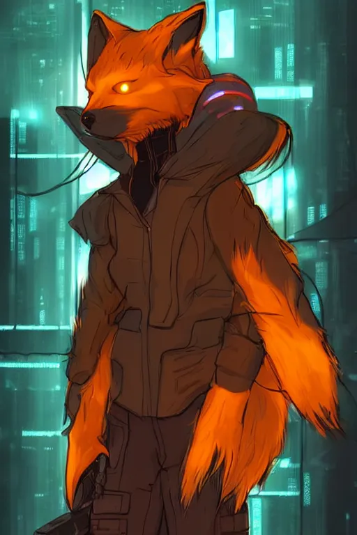 Image similar to a cyberpunk anthropomorphic fox with a fluffy tail, comic art, trending on furaffinity, cartoon, kawaii, backlighting, furry art!!!, neon, concept art