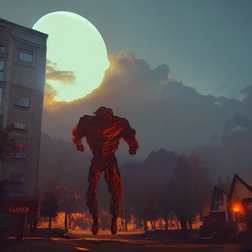 Prompt: a huge shadow creature towering over the town dramatic sunset lighting, artstation, 8k unreal engine