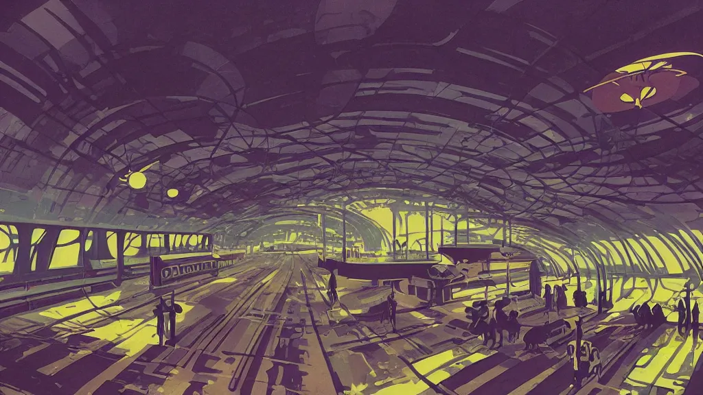 Prompt: 7 0 s sci - fi train station interior, retrofuturism, gouache, animated film, stylised, illustration, by eyvind earle, scott wills, genndy tartakovski