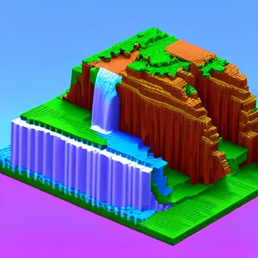 Image similar to a beautiful waterfall, 3 d voxel art