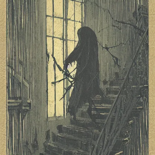 Prompt: ghost in a haunted house woodcut print by greg rutkowski