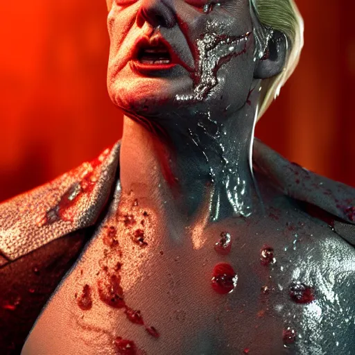 Image similar to donald trump as the terminator full body detailed, ethereal, cyborg biomechanics, covered in blood diamonds and other gems glowing, highly detailed face, evil posed, evil expression, intricate, extremy detailed, beeple, cgsociety, 3 d unreal engine octane render. cinematic lighting, highly detailed 4 k art