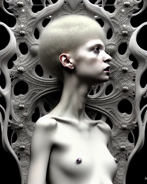 Image similar to dreamy foggy soft luminous bw 3 d octane render, beautiful spiritual angelic biomechanical mandelbrot fractal albino girl cyborg with a porcelain profile face, very long neck, halo, white smoke, rim light, big leaves and stems, fine foliage lace, alexander mcqueen, art nouveau fashion pearl embroidered collar, steampunk, silver filigree details, hexagonal mesh wire, elegant