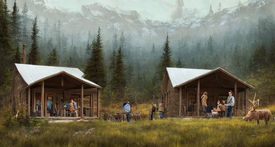 Image similar to cabela's beautiful comfortable modular pop - up insulated all terrain family dwelling, cabin,, person in foreground, mountainous forested wilderness open fields, beautiful views, painterly concept art, joanna gaines, environmental concept art, farmhouse, magnolia, concept art illustration, by james gurney, by craig mullins, by greg rutkowski trending on artstation