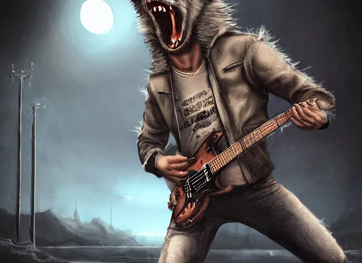 Image similar to werewolf rockstar, leather jacket, electric guitar, matte painting, artstation