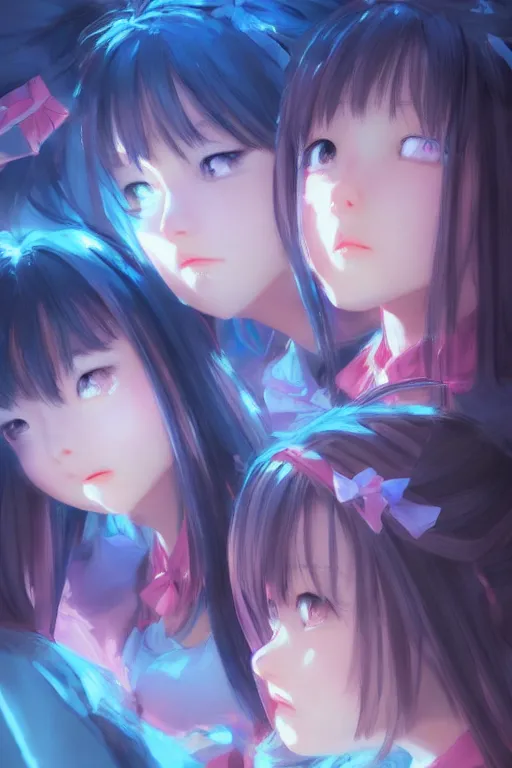 Prompt: 3d infrared octane render concept art by Mo Xiang Tong Xiu, by Igarashi Daisuke, by makoto shinkai, cute beauty cozy portrait anime schoolgirls under dark pink and blue tones, mirror room. light rays. water bellow. pretty realistic face. cutest eyes. dramatic light, trending on artstation, oil painting brush