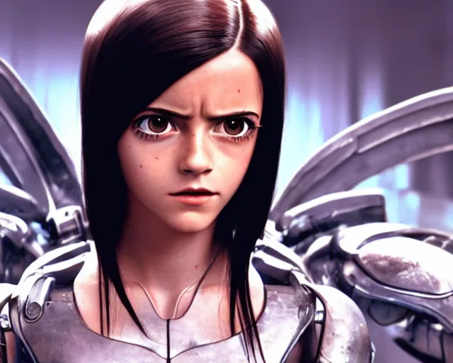 Image similar to a film still from battle angel alita played by actress emma watson, futuristic, cinematic lighting, photorealistic, lifelike, highly detailed, photorealistic, high resolution