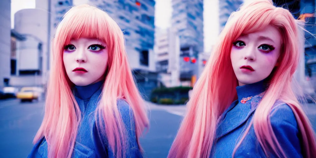 Prompt: Kodak Portra 400,8K,highly detailed: beautiful three point perspective extreme closeup portrait photo in style of 2000s frontiers in cosplay retrofuturism tokyo seinen manga street photography fashion edition, tilt shift zaha hadid style tokyo background, highly detailed, focus on girl;vaporwave ;blonde hair;blue eyes, clear eyes, soft lighting