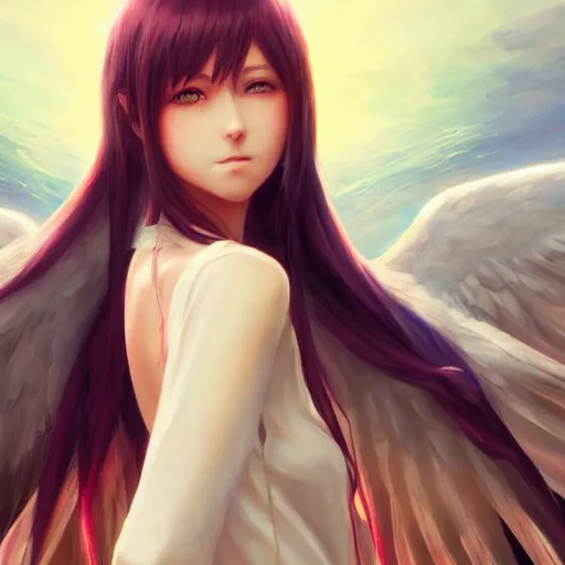 Image similar to an oil painting of a beautiful anime girl with angel wings, by artgerm, wlop and greg rutkowski, hd, hdr, ue 5, ue 6, unreal engine 5, cinematic 4 k wallpaper, 8 k, ultra detailed, high resolution, artstation, award winning