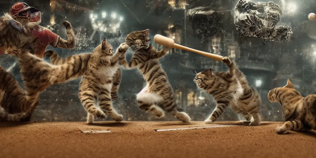 Image similar to cats playing baseball, realistic 4 k octane beautifully detailed render, 4 k post - processing, highly detailed, intricate complexity, epic composition, magical atmosphere, cinematic lighting, masterpiece, ultra hd