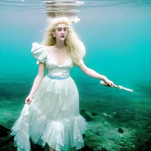 Prompt: A messy, white haired, (((happy))) elf princess (look like ((young Kate Winslet))), dressed in a frilly ((lace)), wedding dress, is ((holding a key)). Everything is underwater! and floating. Greenish blue tones, theatrical, (((underwater lights))), high contrasts, fantasy water color, inspired by John Everett Millais's Ophelia