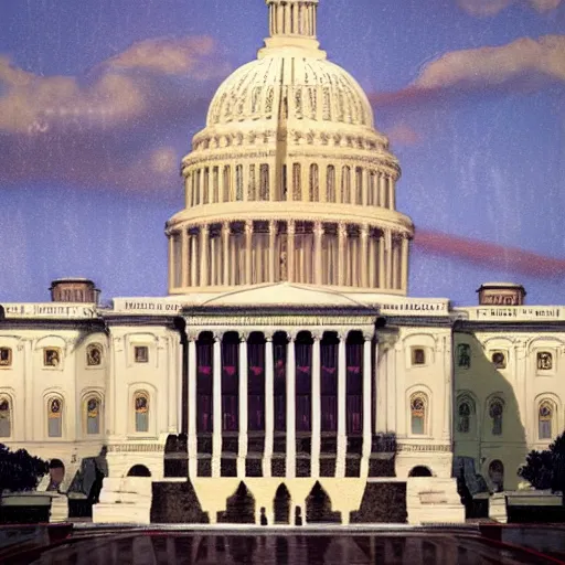 Prompt: January Sixth Insurrection Painting of US Capitol Building by Drew Struzan, cinematic movie poster, elegant, intricate, highly detailed, artstation, concept art, sharp focus