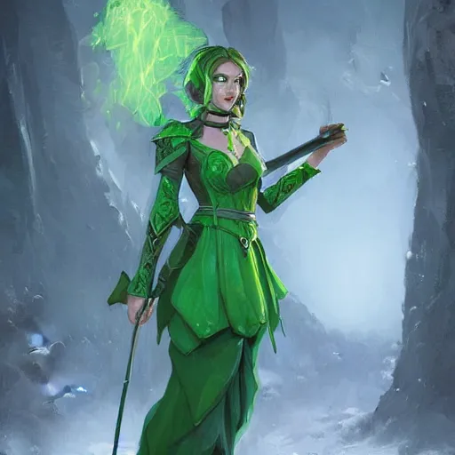 Image similar to a woman in a green dress holding a magic staff,character portrait by Magali Villeneuve,featured on polycount, fantasy art, concept art, d&d,detailed!!!!!