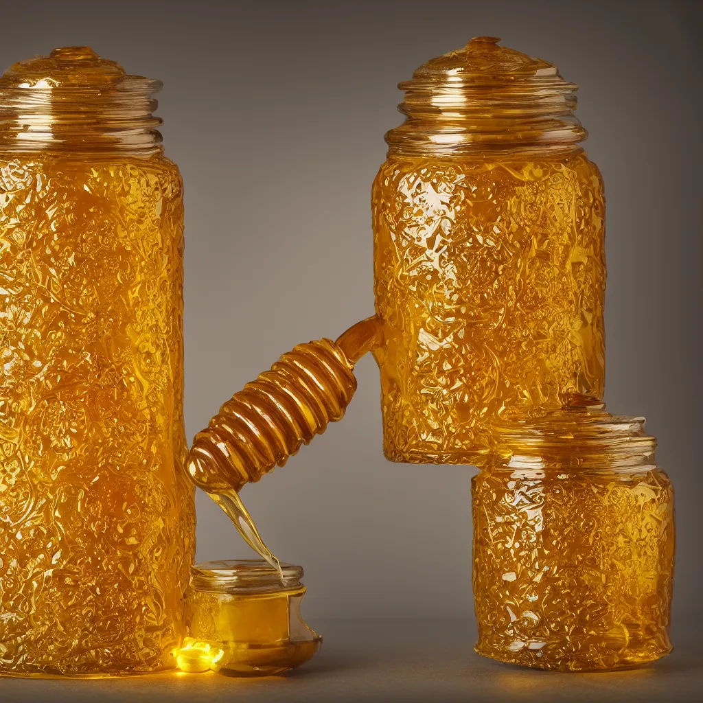 Image similar to elaborate honey jar, golden glistening, light bloom, octane render, product photography, studio photography