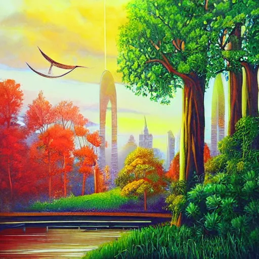 Image similar to Beautiful city of the future in harmony with nature. Nice colour scheme, soft warm colour. Beautiful painting by Lurid. (2022)