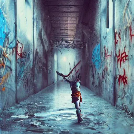 Image similar to that moment when you realize grafitti and almonds are hard words to spell, by cameron gray, wlop, stanley kubrick, masamune, unique perspective, epic, trending on artstation, photorealistic, 3 d render, vivid