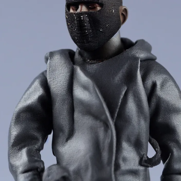 Image similar to kanye west, a hot toys figure of kanye west using a black face - covering mask with small holes, a blue overinflated puffer jacket and black rubber boots, figurine, detailed product photo
