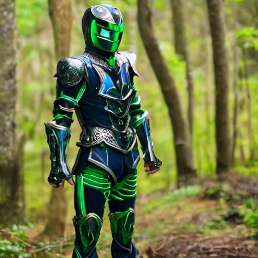 Image similar to High Fantasy Kamen Rider, glowing eyes, 4k, forest plains of north yorkshire, daytime, chainmail rubber undersuit, segmented armor, dark blue armor with green secondary color, tokusatsu