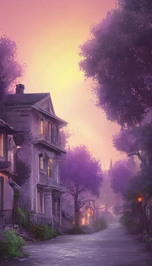 Image similar to landscape of a beautiful street full of wysteria, purple lighting, sunset, dusk. old houses by the road. hyper detailed, artstation cgsociety, 8 k