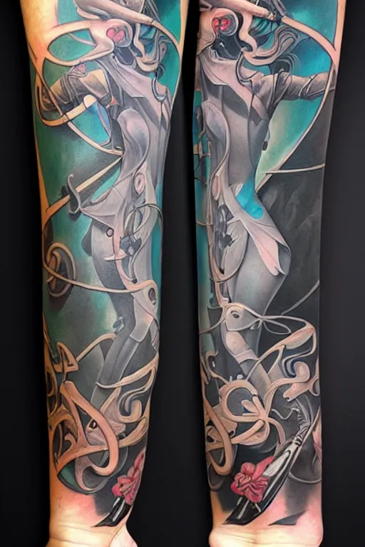 Image similar to tattoo arm sleeves by mc escher and peter mohrbacher