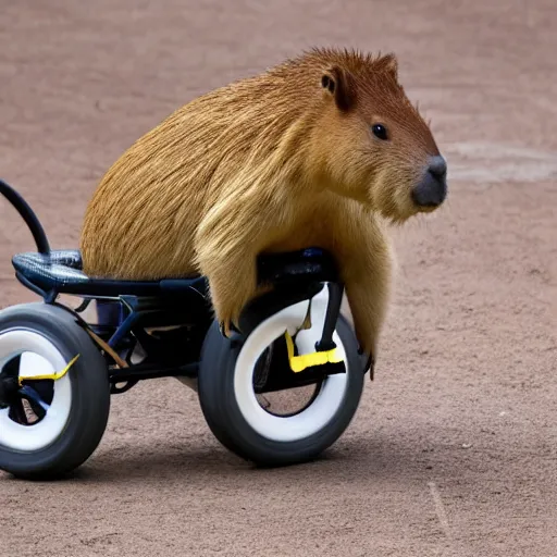 Image similar to action photograph of a capybara riding a flaming segway