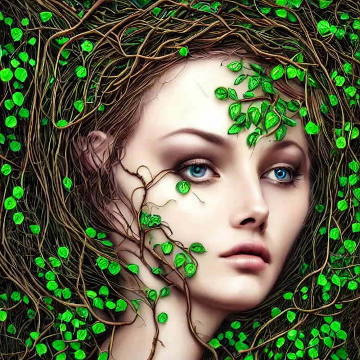 Prompt: beautiful artificial intelligence nature goddess portrait, entwined in vines, branches and ivy, dark forest theme, sci - fi, highly detailed, elegant, hyper - realistic