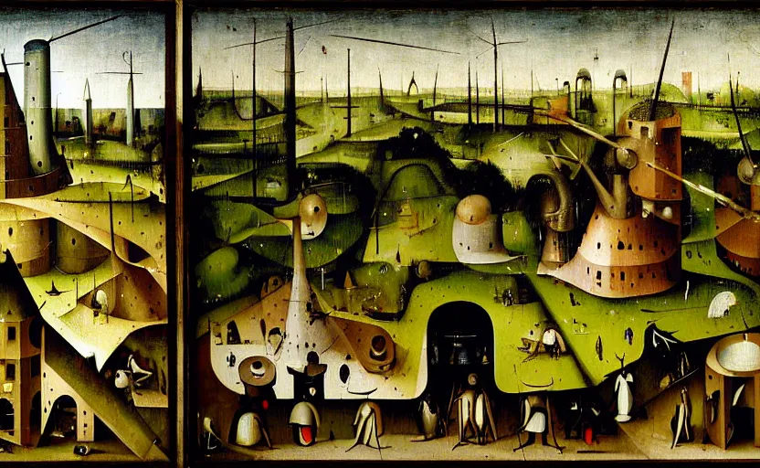 Image similar to geometric painting of industrial buildings surrounded by undergrowth by hieronymus bosch