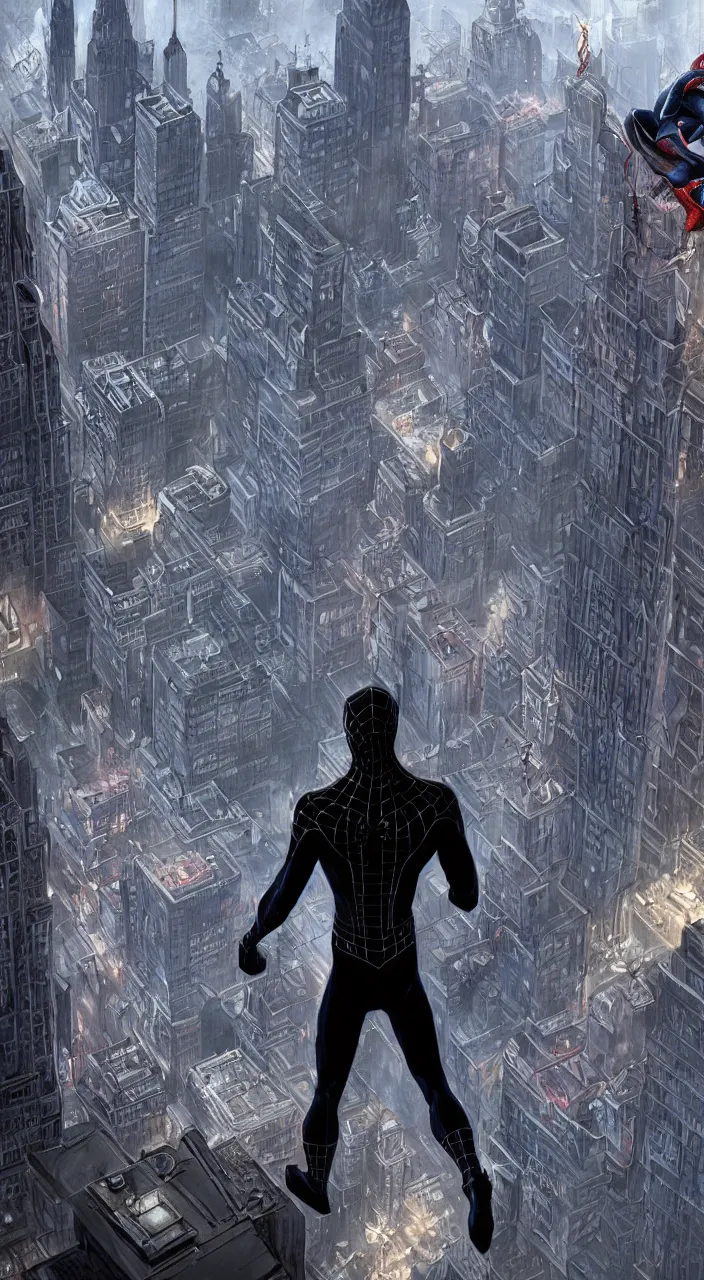 Prompt: spider - man noir overlooking a ledge towards the city below in ghostpunk new york city | highly detailed | very intricate | cinematic lighting | by asher brown durand and eddie mendoza | featured on artstation