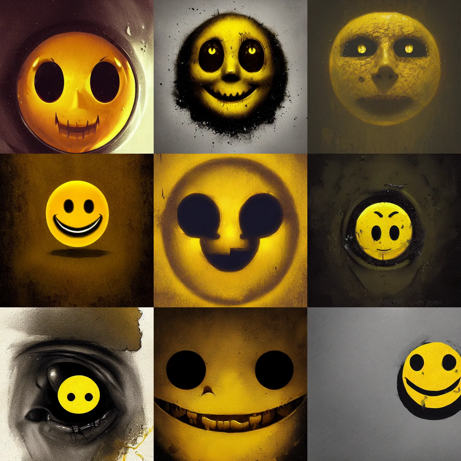 Prompt: a headshot of a yellow smiley face,black background,digital art,ultra realistic,ultra detailed,art by greg rutkowski,detailed face,eerie,creepy,scary