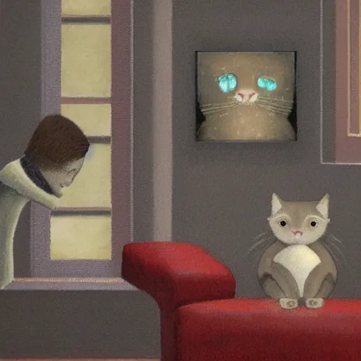 Image similar to a cat and a boy sitting on a couch watching TV in a small dim lit room, by Shaun Tan