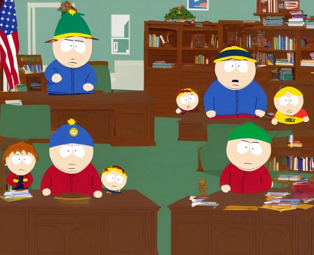 Image similar to South Park Eric Cartman shaking hands with Richard Nixon in front of Resolute Desk in the Oval Office