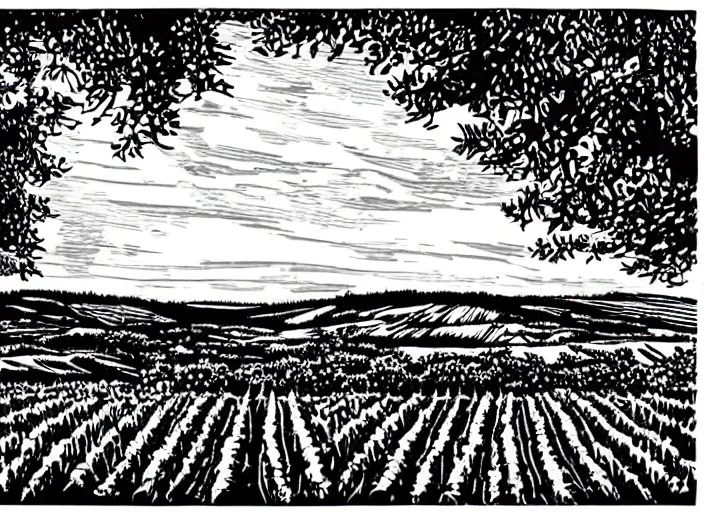 Image similar to wine label, linocut vineyard landscape by greg rutkowski, fine details, highly detailed