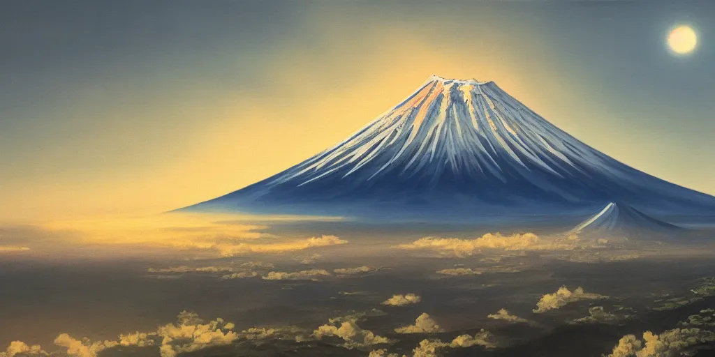 Prompt: Mount Fuji, cinematic angle, studio Ghibli, cinematic lighting, detailed oil painting, hyperrealistic, 8k