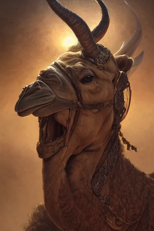 Image similar to ultra realistic illustration, a camel - headed warrior from baldurs gate and diablo, intricate from baldurs gate, elegant, highly detailed, digital painting, artstation, concept art, smooth, sharp focus, illustration, art by artgerm and greg rutkowski and alphonse mucha