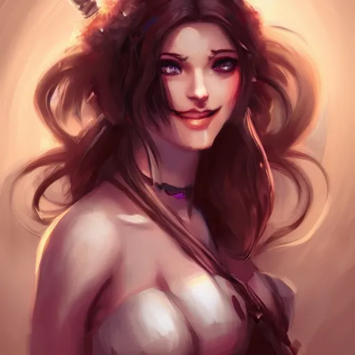 Prompt: very beautiful female barbarian, smiling, flirty, eye contact, perfect face, perfect body, drawn by charlie bowater