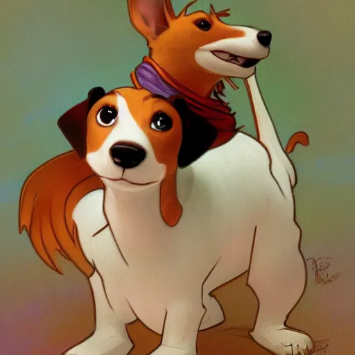 Image similar to jack russel terrier surprised, pixar style, concept art, character turnaround, trending on artstation, childrens illustrated storybook, by alphonse mucha and cory loftis and matthias lechner