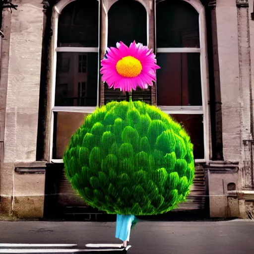 Image similar to giant flower head, girl standing by 1 9 6 0 window, surreal photography, symmetry, mid century, flat light, bright colours, blue sky, realistic, wes anderson