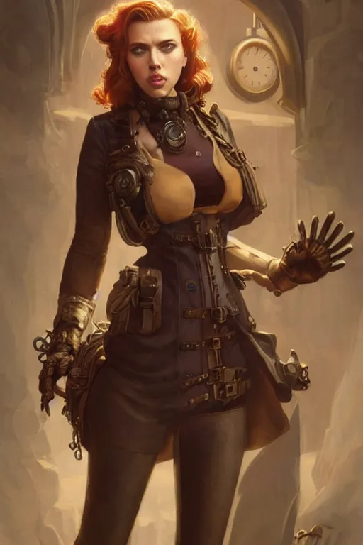 Image similar to Scarlett Johansson in a steampunk outfit, anatomy, only two hands, highly detailed, digital painting, artstation, concept art, smooth, sharp focus, illustration, Unreal Engine 5, 8K, art by art by artgerm and greg rutkowski and edgar maxence