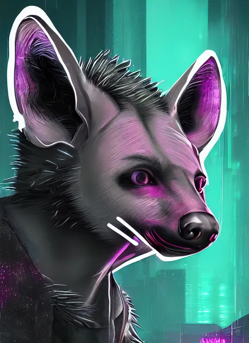 Image similar to digital artwork of anthromorphic hyena female drawn in style of dai. dai, fursona, furry fandom, neon rainy cyberpunk setting, anthro, wearing cyberpunk 2 0 7 7 jacket, detailed face,