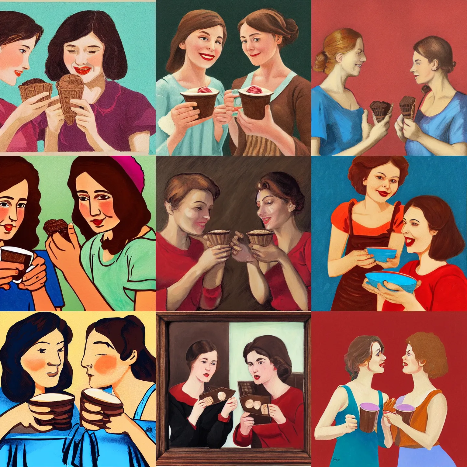 Prompt: portrait of two young women sharing cup of chocolate ice cream together, illustration, socialist realism