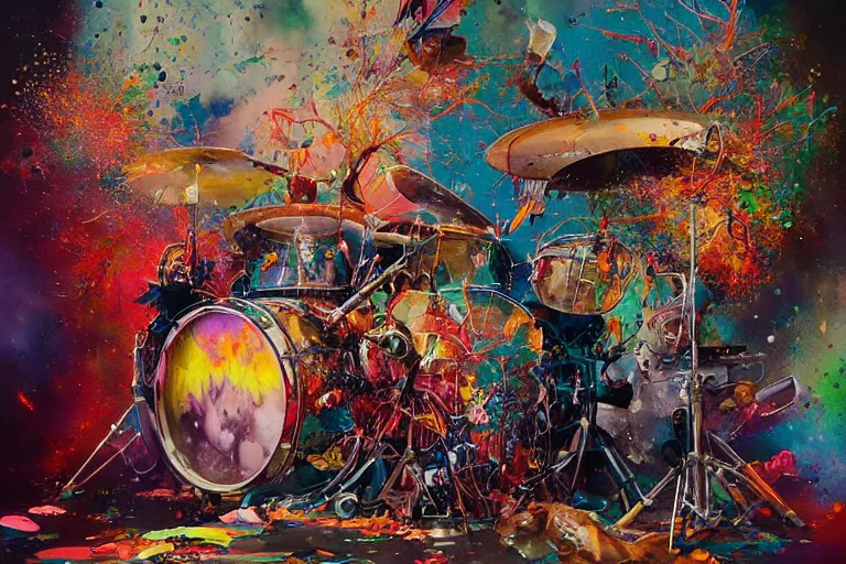 Image similar to a splattered action painting showing a drumset, ultradetailed, fine art painting, peter mohrbacher, moebius, drumset, frottage, watercolor, acrylic, multilayered paint, spectacular splatter explosion, psychedelic art