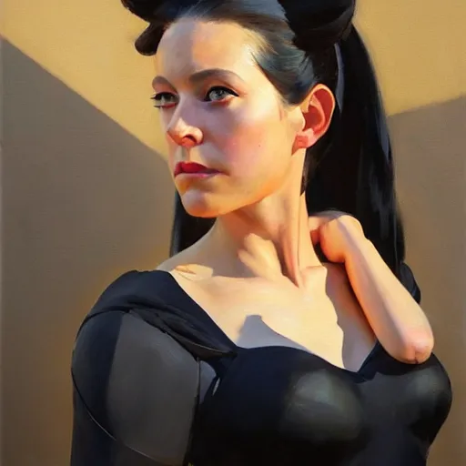 Image similar to greg manchess portrait painting of abigail shapiro in a black dress as overwatch character, medium shot, asymmetrical, profile picture, organic painting, sunny day, matte painting, bold shapes, hard edges, street art, trending on artstation, by huang guangjian and gil elvgren and sachin teng