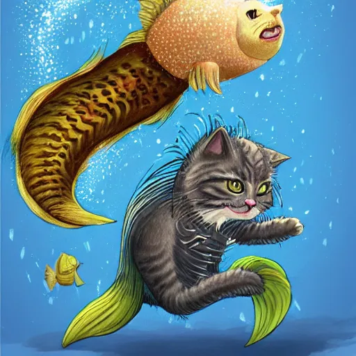 Prompt: A cat mermaid hybrid chasing a puffer fish