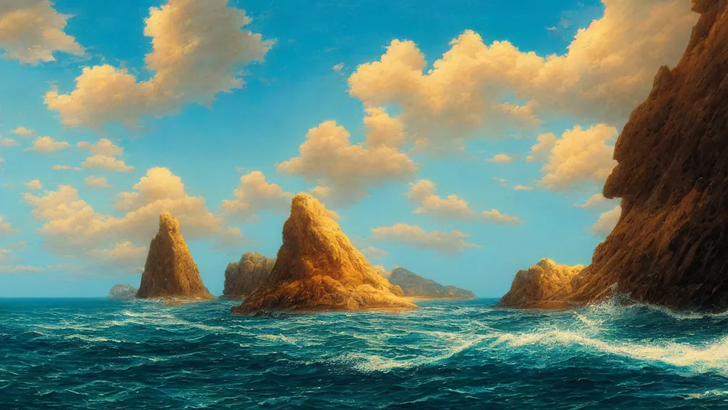 Prompt: sea, summer, clear beautiful sky, bright sky, dolphins jumping, peaceful, amazing, by andreas rocha and john howe, and Martin Johnson Heade, featured on artstation, featured on behance, golden ratio, ultrawide angle, f32, well composed