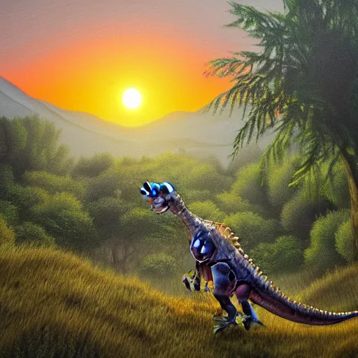 Image similar to dinosaur in the distance walking through shrubbery, over hills, misty, sunset, painting, detailed landscape