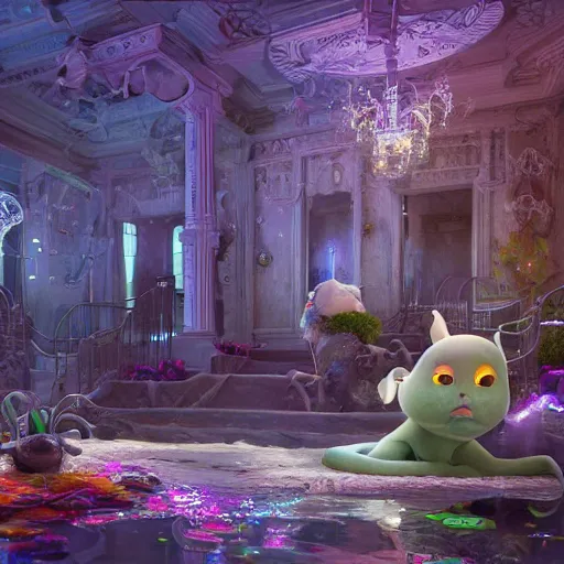 Prompt: ghost mansion, expressive eyes, floating, rbc, bunny, radiolaria, protophyta, micro - organisms, center frame, symmetric, rim light, marine microbiology, bioluminescence, electric, fur, soft, concept art, intricate details, highly detailed, colorful, photorealistic, disney pixar, octane render, iridescent, anime, 8 k