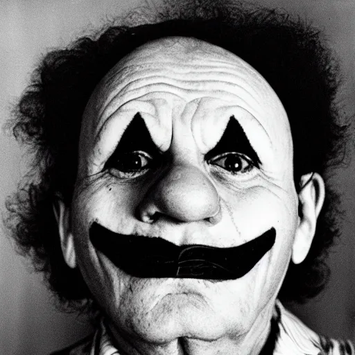 Image similar to portrait of clown by diane arbus, black and white photography