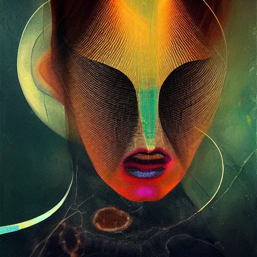 Image similar to beautiful painting of a hyperglitch diode diatom in the style of Francis Bacon, Karol Bak, Daturahex and Jesse Kanda. Dark background, detailed, trending on Artstation