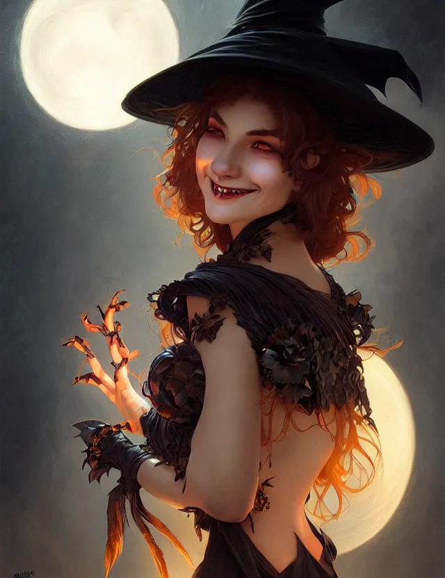 Image similar to halloween witch woman in a hat smiles, fantasy magic, undercut hairstyle, dark light night, intricate, elegant, sharp focus, illustration, highly detailed, digital painting, concept art, matte, art by wlop and artgerm and greg rutkowski and alphonse mucha, masterpiece